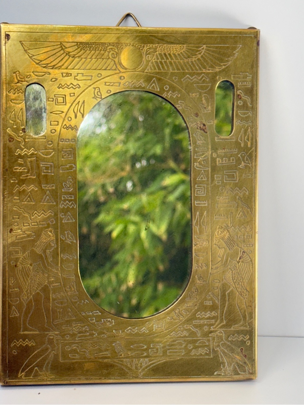 Vintage Hosny Goma Egyptian Brass Hieroglyph Mirror Handmade 7.5” RARE Unusual